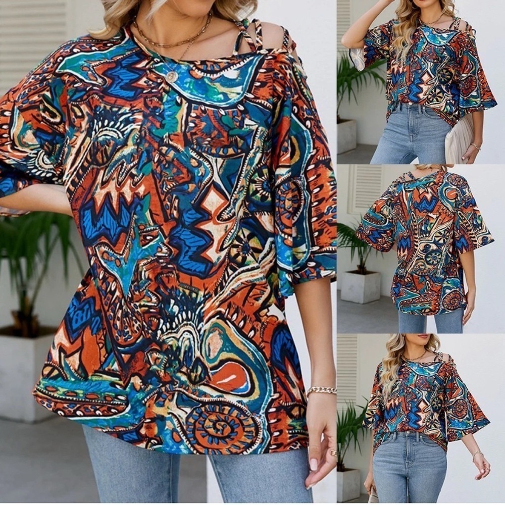 CHICME Blue and Red Graphic 3/4 Sleeve Blouse NWOT XL